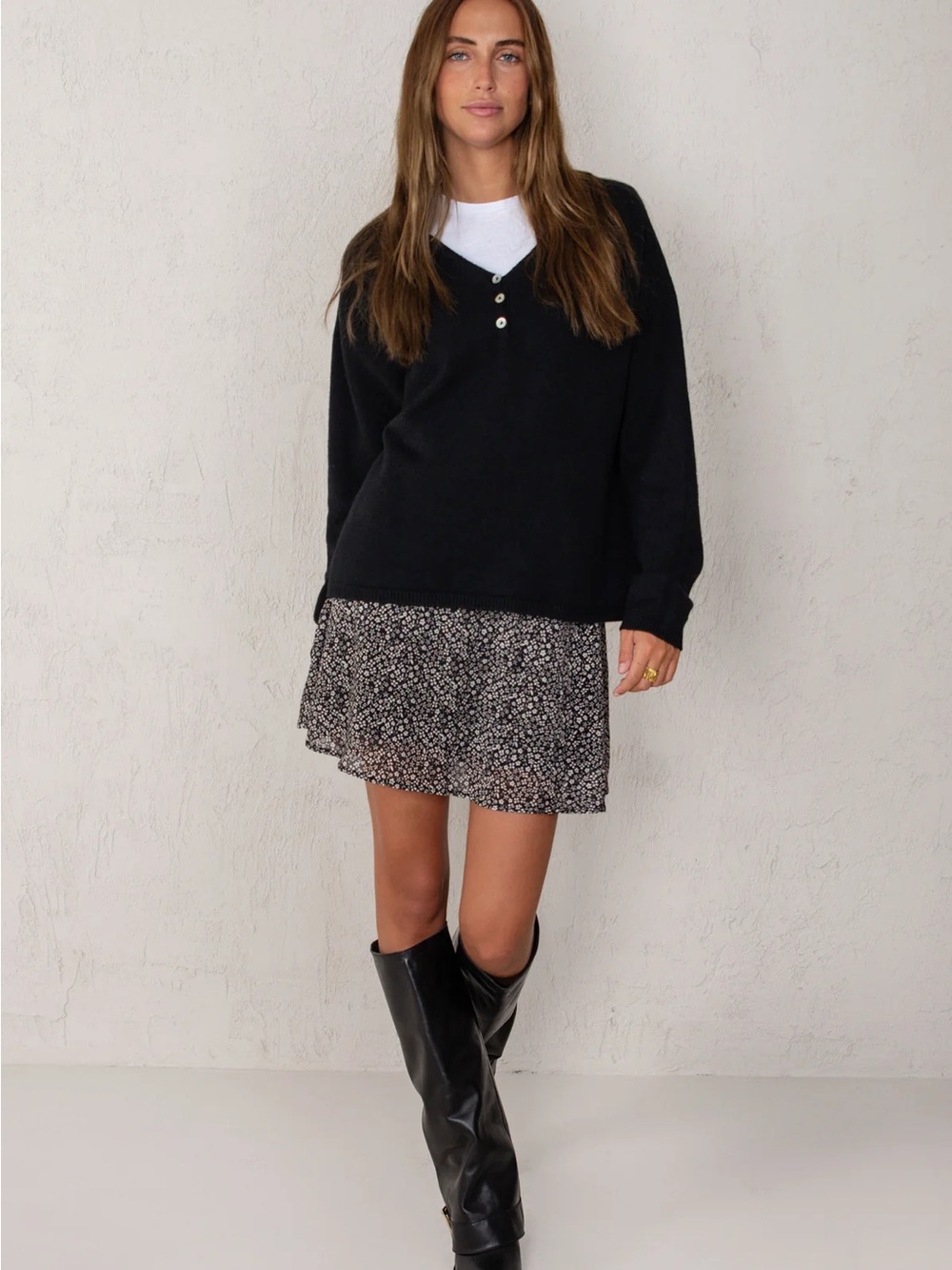 Black Ditsy Floral Mini Skirt and Henley Sweater Set - From Barcelona